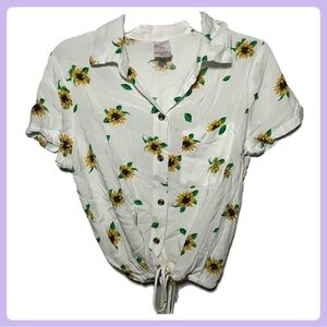 White Sunflower Print Cinched Waist Button Up Blouse